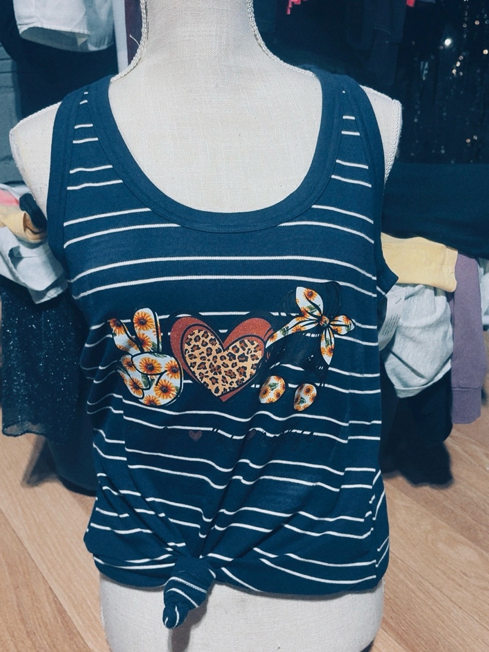 Striped Navy Tie-Front Tank with Floral Leopard Heart